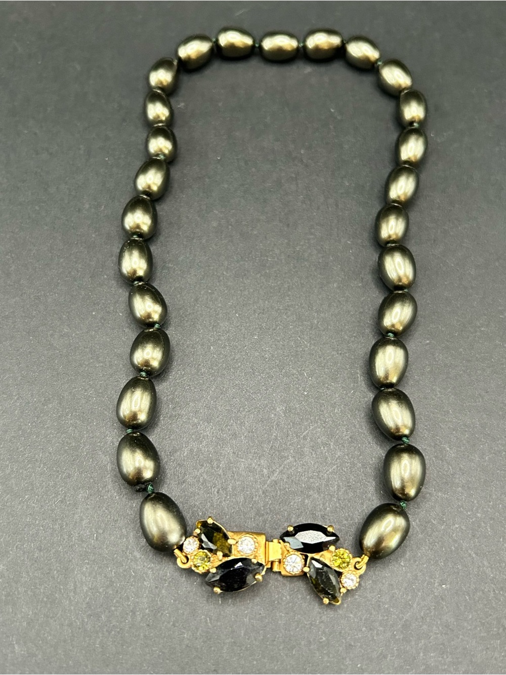 Vintage Monet Gunmetal Necklace Beaded Rhinestone Crystal Ornate Clasp 16"